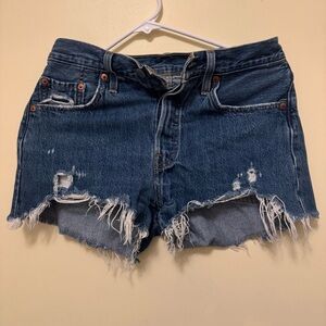 Levi's 501 High Rise Denim Frayed Shorts in Distressed Dark Wash